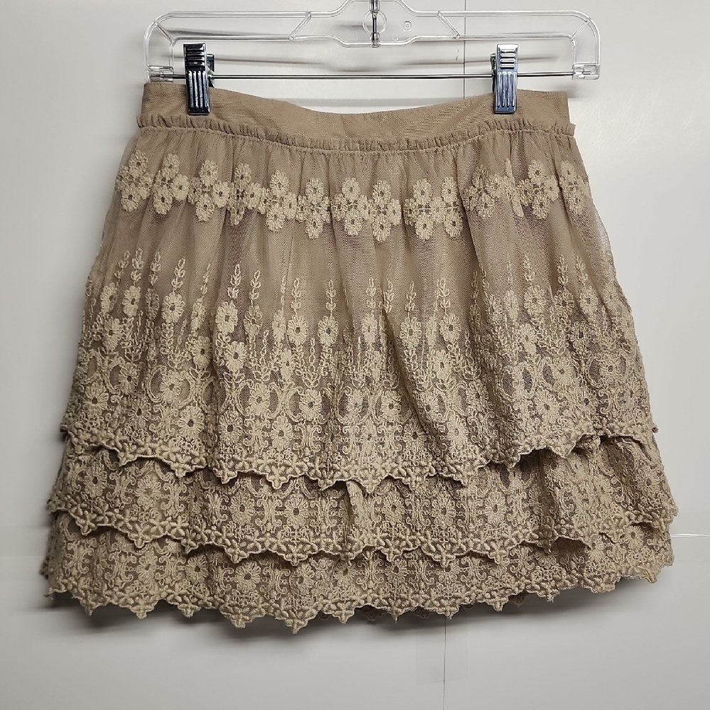 Garnet Hill Lace Tiered Beautiful Mini Skirt-Beige Sz2 Made In India 100% Cotton
